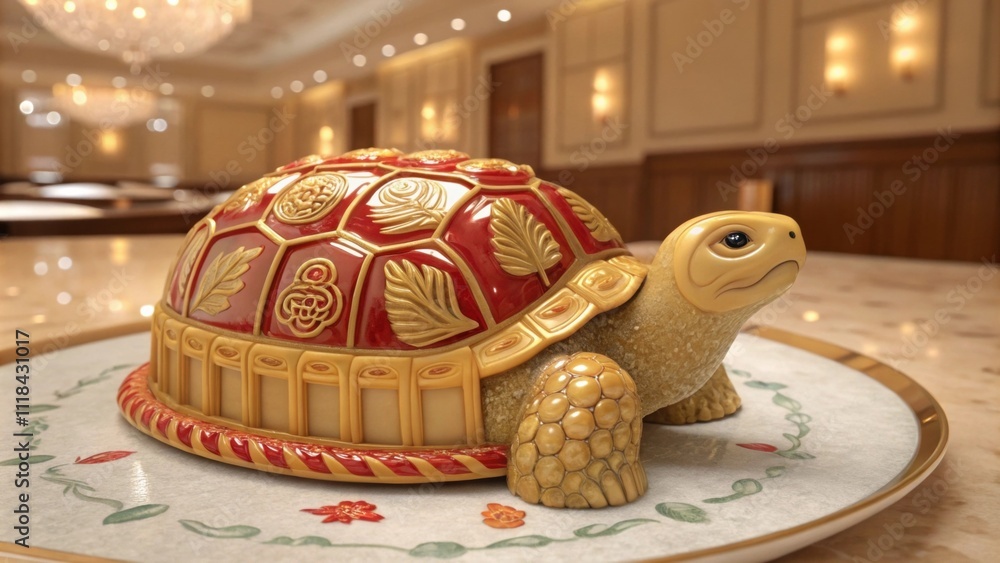 Poster an opulent mooncake shaped like a tortoise symbolizing longevity crafted with a glossy surface and i