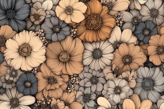 Detailed illustration of various flowers in muted beige, brown and gray tones.