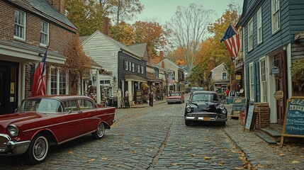 Obraz premium Classic Cars Parked On A Cobblestone Street In Autumn