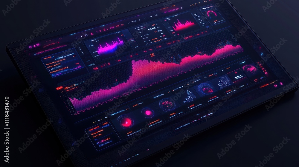 Poster futuristic tablet displaying financial data, charts, and graphs with vibrant neon color scheme.