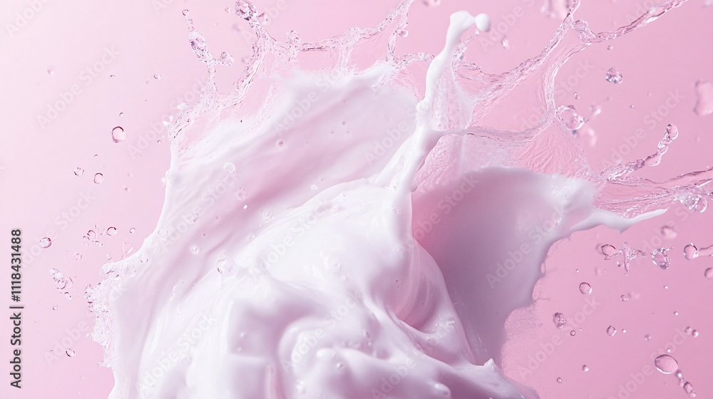 Poster White cream splashing on pink background creating stunning visual effect