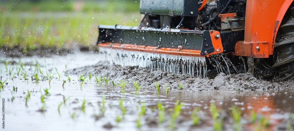 Poster automated rice seeding machine in action in a lush paddy field setting
