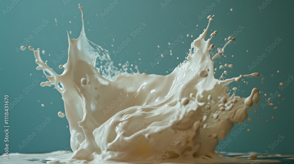 Poster Milk splashing and creating a crown shape on a turquoise background