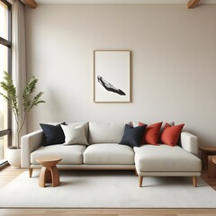 minimalist japandi style living room, modern interior design, sectional sofa, black and red pillows, stucco wall, abstract art decor, serene and functional space, natural tones