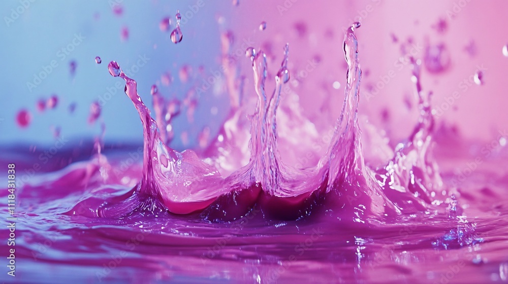 Poster pink water splashing with crown shape on gradient background