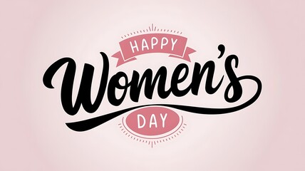 Elegant and Festive International Women's Day Design with Modern Script Text, Pink Banner, and Circular Flourish on Clean White Background