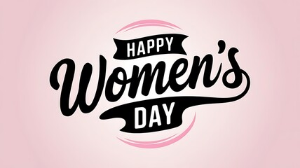 Elegant and Festive International Women's Day Design with Modern Script Text, Pink Banner, and Circular Flourish on Clean White Background