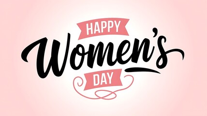 Elegant and Festive International Women's Day Design with Modern Script Text, Pink Banner, and Circular Flourish on Clean White Background