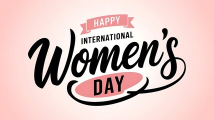 Elegant and Festive International Women's Day Design with Modern Script Text, Pink Banner, and Circular Flourish on Clean White Background
