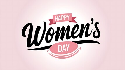 Elegant and Festive International Women's Day Design with Modern Script Text, Pink Banner, and Circular Flourish on Clean White Background