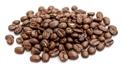 Obraz premium A delightful assortment of freshly roasted coffee beans rests on a clean white background, inviting coffee lovers to indulge in the aromatic brewing experience