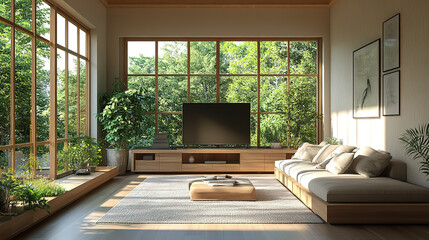 Japandi inspired modern living room with minimalist furniture and warm, neutral color palette