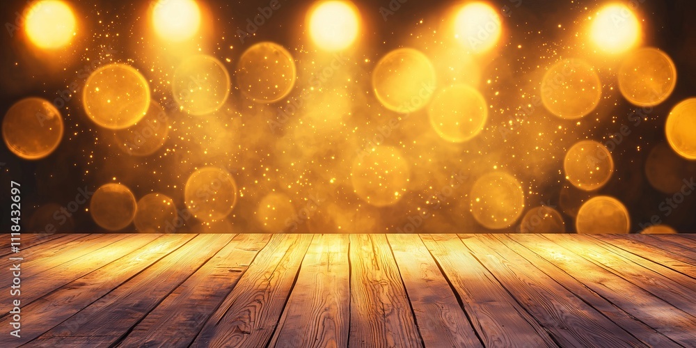 Poster golden bokeh lights illuminate empty blank wooden stage with warm tones and festive atmosphere