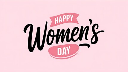 Elegant and Festive International Women's Day Design with Modern Script Text, Pink Banner, and Circular Flourish on Clean White Background