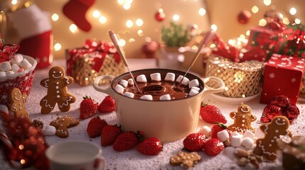 Naklejka premium A warm and inviting Christmas fondue party featuring a pot of chocolate fondue 
