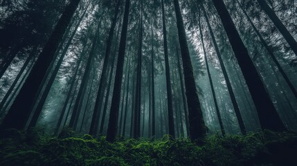 Fototapeta premium Tall Trees Enveloped In Misty Forest Gloom