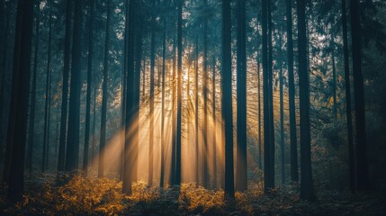 Sunbeams Illuminate Misty Forest Trees