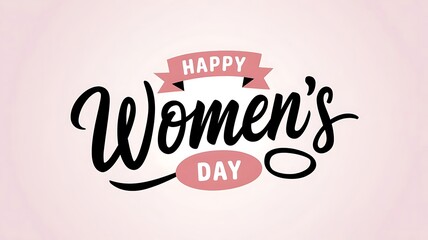 Elegant and Festive International Women's Day Design with Modern Script Text, Pink Banner, and Circular Flourish on Clean White Background