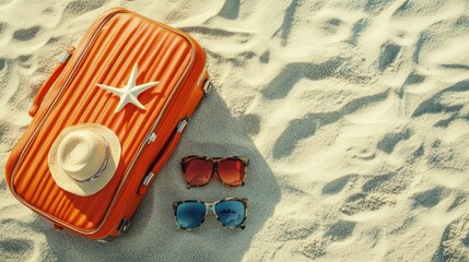 Bright orange suitcase with sunglasses on sandy beach.