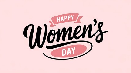 Elegant and Festive International Women's Day Design with Modern Script Text, Pink Banner, and Circular Flourish on Clean White Background