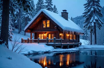 Fototapeta premium The warm cabin light adds coziness to the cool, frosty setting, creating a serene and magical vibe.