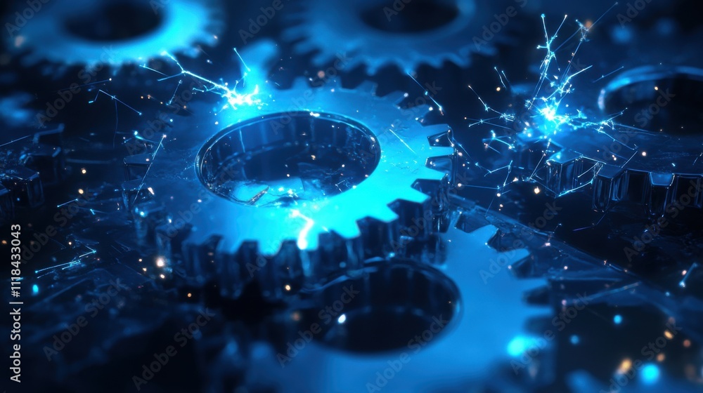 Poster intricate gears interlock and generate electric sparks with a vivid blue glow, showcasing the dynami