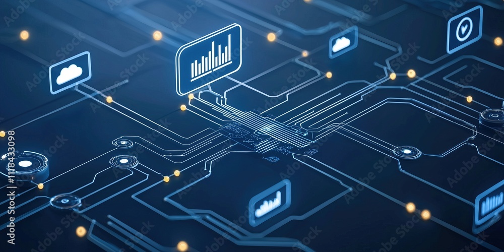 Poster Abstract digital circuit board with glowing icons and data visualization elements