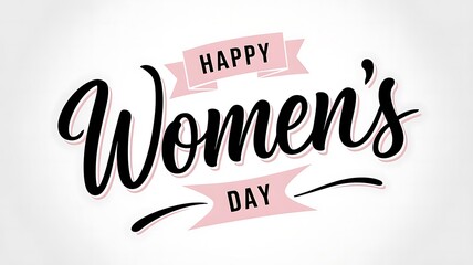 Elegant and Festive International Women's Day Design with Modern Script Text, Pink Banner, and Circular Flourish on Clean White Background