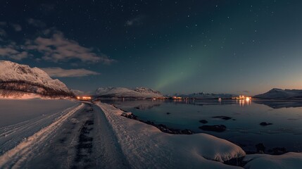 Fototapeta premium Snowy Road Leads to a Nighttime Arctic Village