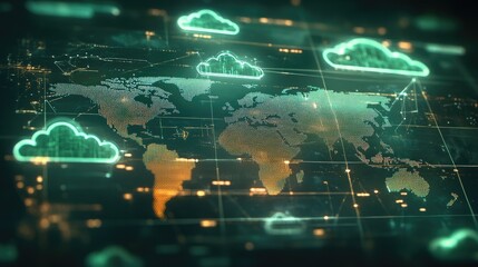 Obraz premium Global network connection. Digital illustration of a world map with interconnected cloud servers, symbolizing worldwide data and cloud computing.