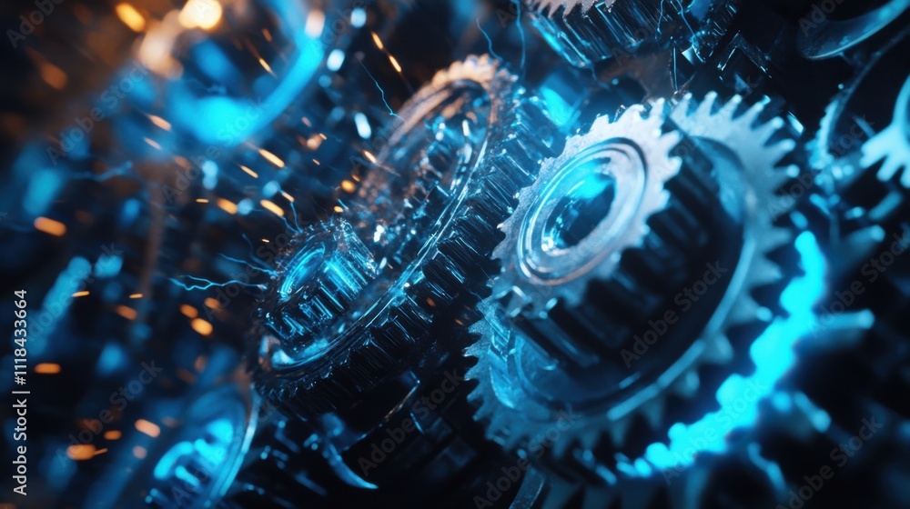 Poster a close-up view of interconnected gears creating electric sparks. the metallic components glimmer in