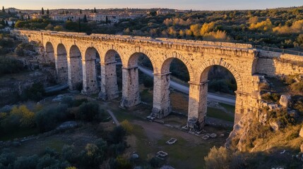 Fototapeta premium Ancient Roman Aqueduct Structure Overlooking Autumnal Landscape