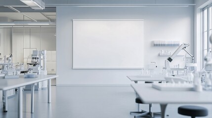 Modern laboratory with empty whiteboard displaying research results and futuristic robotic arm