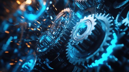 A close-up view of interconnected gears creating electric sparks. The metallic components glimmer in a vibrant blue light, showcasing the intricate machinery at work