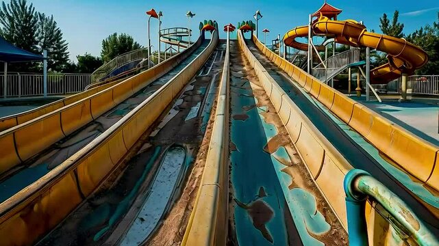 a roller coaster  and  water slide  at an abandoned theme park.
