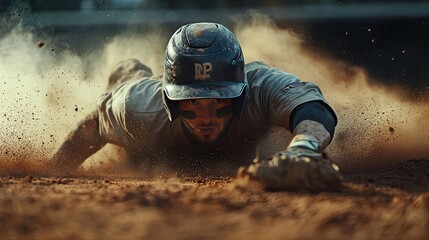 Obraz premium A determined baseball player dives into the dirt, a cloud of dust swirling around him. The intensity of the moment is captured in this powerful image.