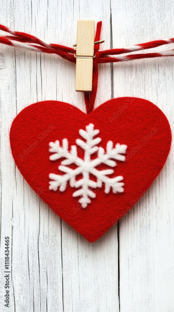 Poster red felt decorations in heart and star shapes feature snowflake patterns, elegantly displayed on a c