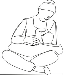 One continuous single drawing line art flat doodle mother breastfeeding baby, food, natural feeding newborn. Isolated image hand draw contour on a white background, hand drawn, not AI