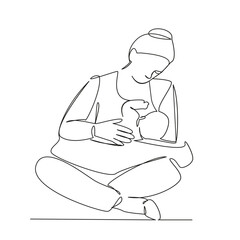 One continuous single drawing line art flat doodle mother breastfeeding baby, food, natural feeding newborn. Isolated image hand draw contour on a white background, hand drawn, not AI