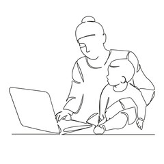 One continuous single drawing line art flat doodle mother, child, work, laptop, business, working with a child. Isolated image hand draw contour on a white background, hand drawn, not AI