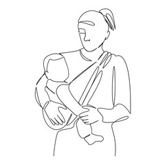 One continuous single drawing line art flat doodle mother, nest, baby, family, childhood, sling, tenderness. Isolated image hand draw contour on a white background, hand drawn, not AI