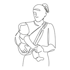 One continuous single drawing line art flat doodle mother, nest, baby, family, childhood, sling, tenderness. Isolated image hand draw contour on a white background, hand drawn, not AI
