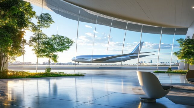 Airport with futuristic plane and expansive city skyline