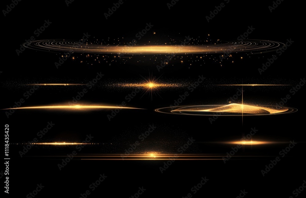 Aufkleber abstract glowing light effect set with golden stars, lens flare, and sparkles on a black background.