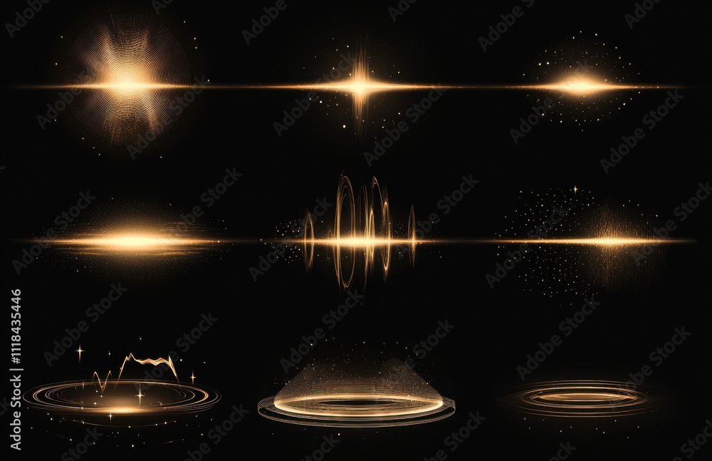 Poster abstract light effect set with golden rays and stars on a black background, vector illustration. iso