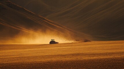 Fototapeta premium Tractor Cultivating Golden Field at Sunset