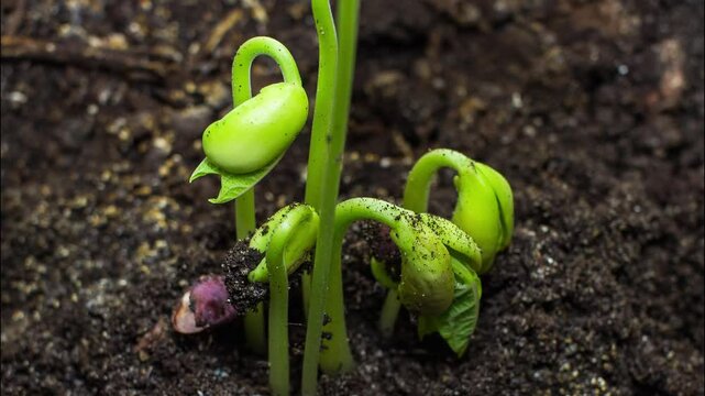 a black bean sprout growing out of the soil, taken close up