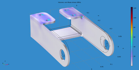 Metal bracket drawing. Von mises stress plot. Computer 3d modeling of steel mechanical part.  Technic education cad design  environment of engineering calculation.  Physical properties of solids. © TKalinovskaya