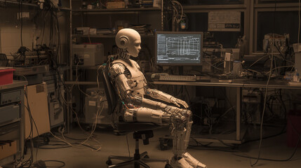 Fototapeta premium A humanoid robot prototype sits upright in a chair, its silver exoskeleton glinting under the lab lights, as wires connect it to various machines that monitor its vitals and proces