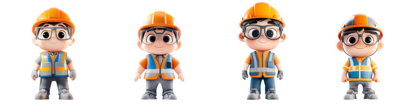 builder man character with helmet and suit - 3d Set on transparent background PNG file